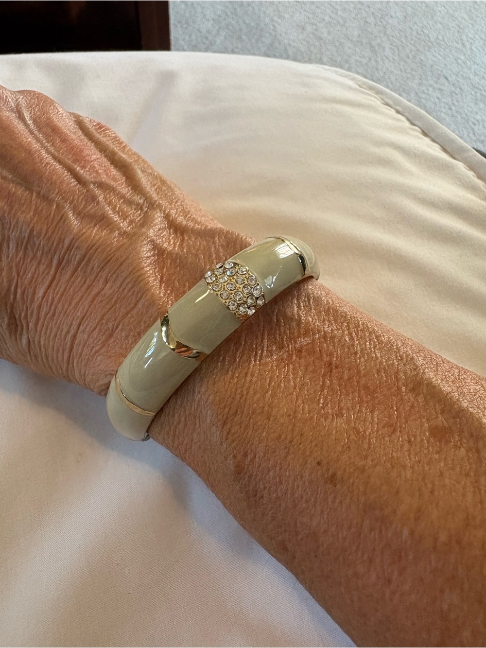 Gold-Trim Pale Green Enamel Bangle Bracelet with Crystal Accent